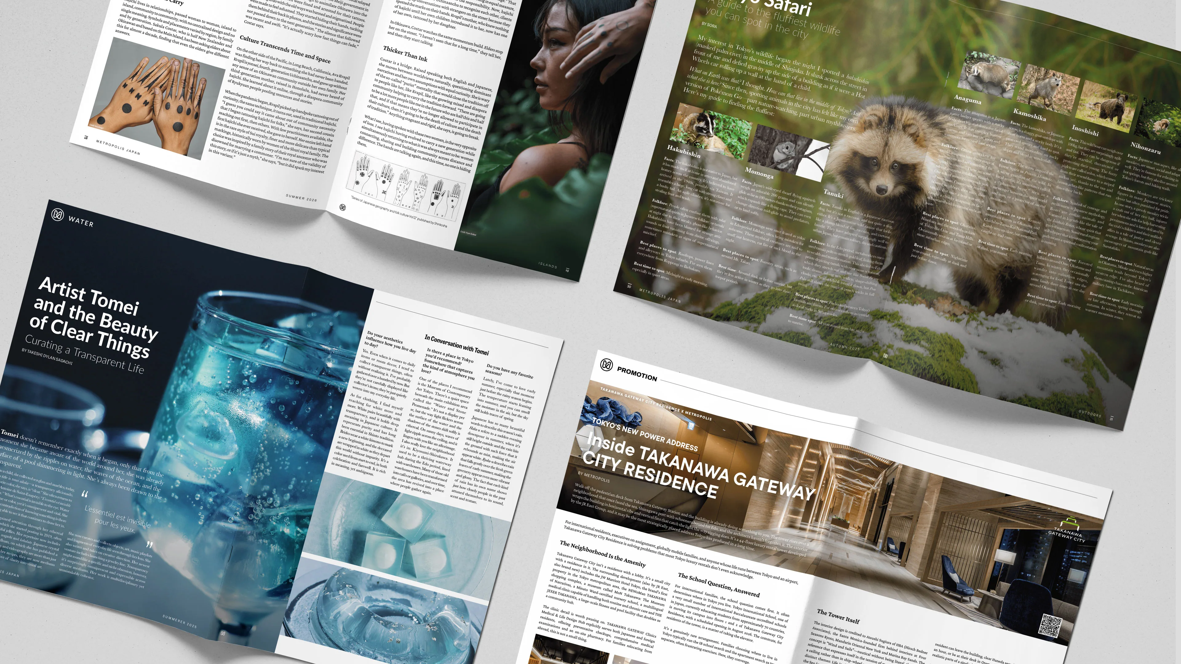 Metropolis spreads: a hand-tattoo feature, a Tokyo wildlife guide, an artist profile and a Takanawa Gateway City promotion