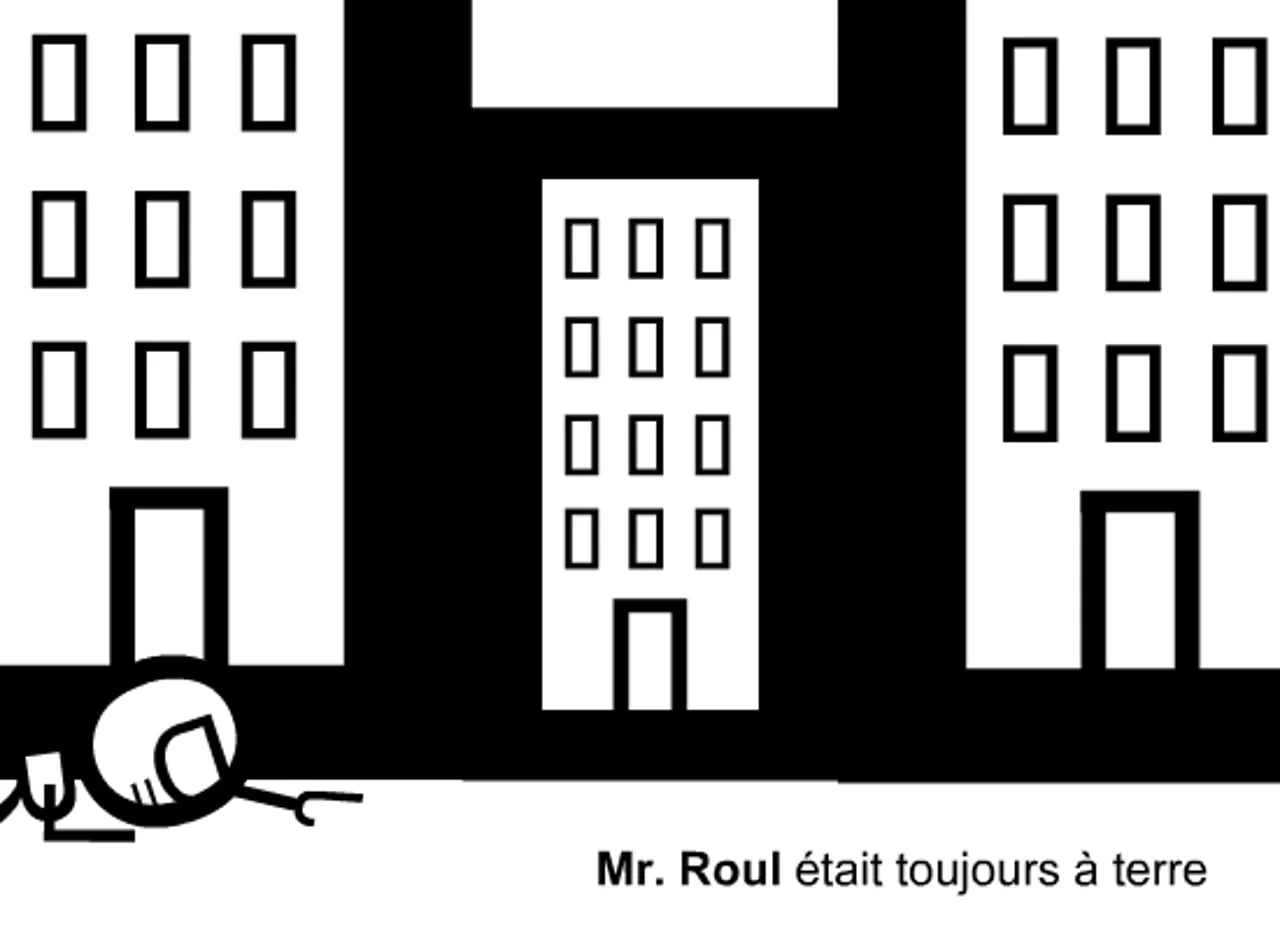 Frame from the animated short: black-and-white buildings built from letters, captioned “Mr. Roul était toujours à terre”