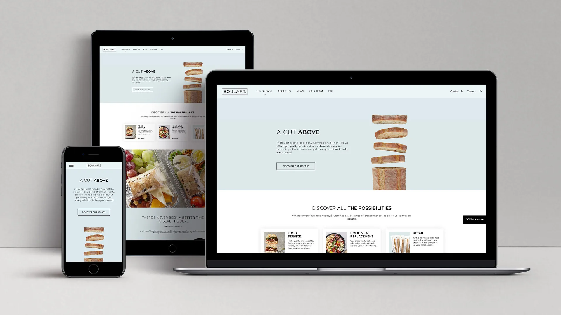 Boulart website on a laptop, tablet and phone, opening on the “A cut above” home page