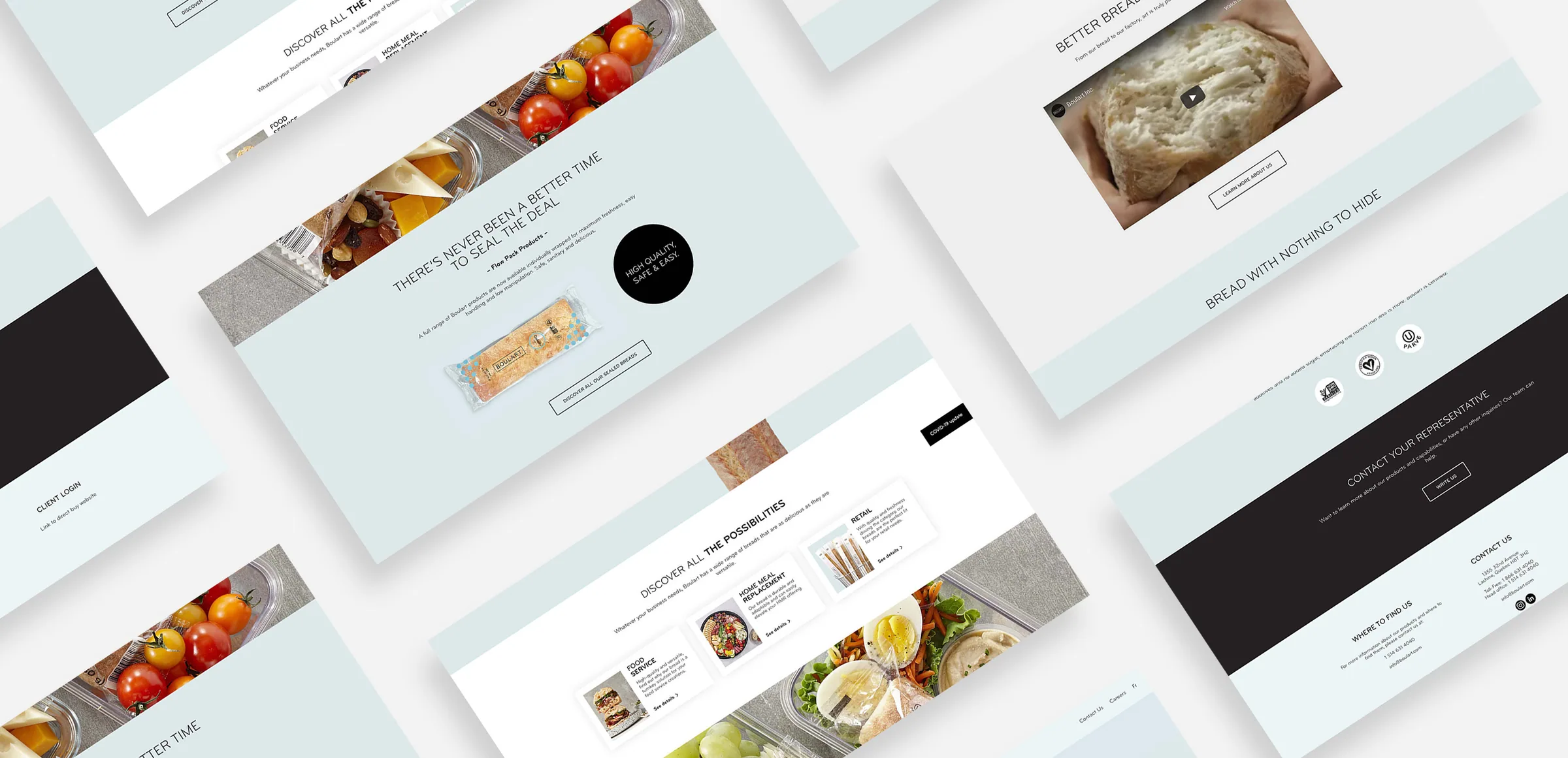 Boulart website pages: the Flow Pack showcase, market cards, the brand video and certifications