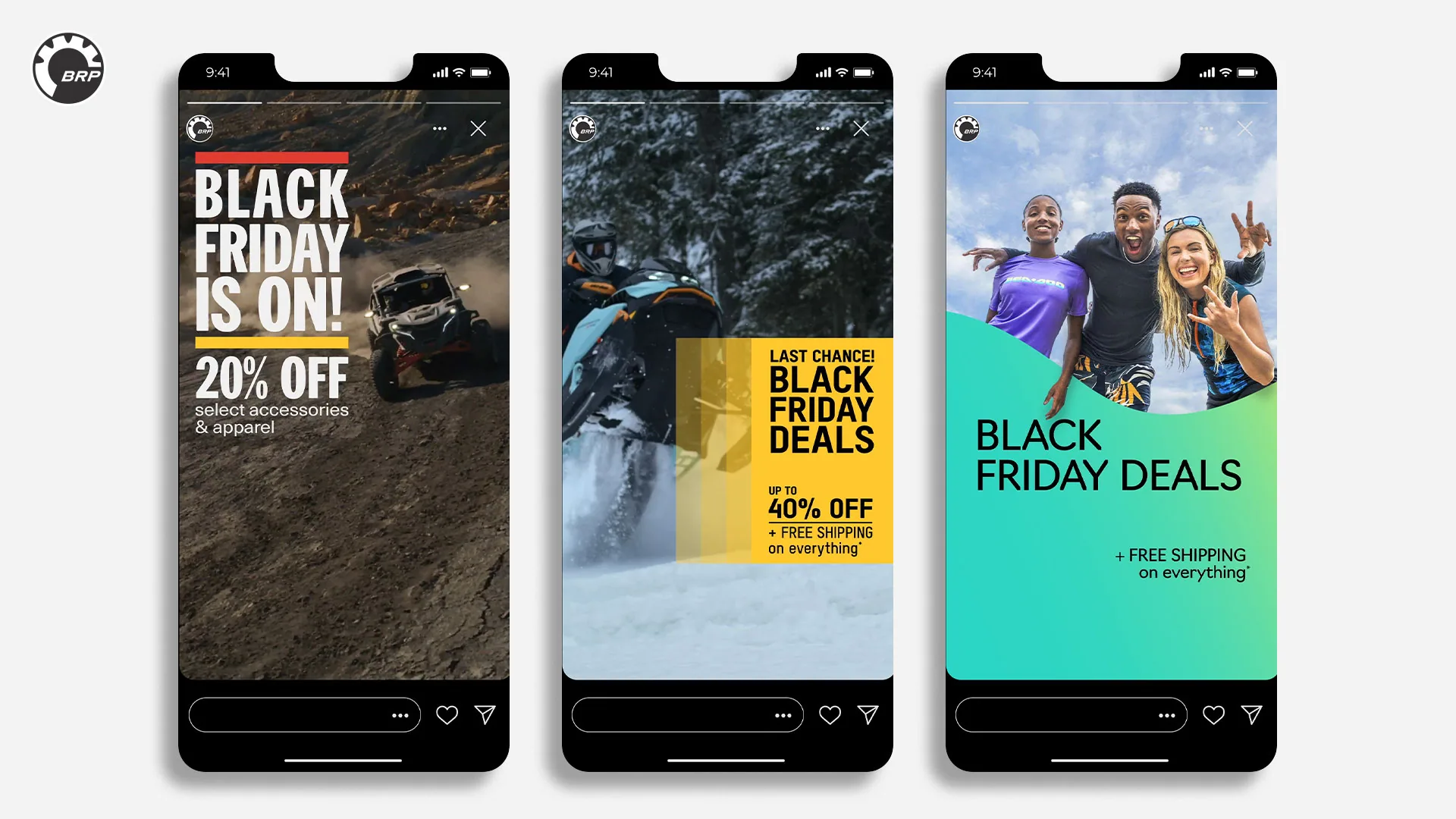 Three BRP Black Friday Instagram stories on phones, with an off-road vehicle, a snowmobile and a group of riders