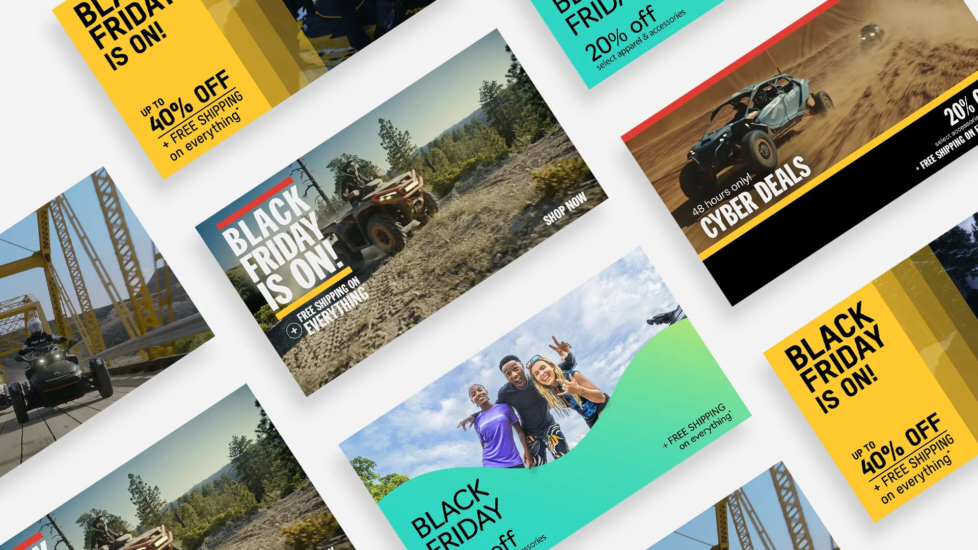BRP Black Friday and Cyber Deals web banners in several formats, with off-road vehicles and riders