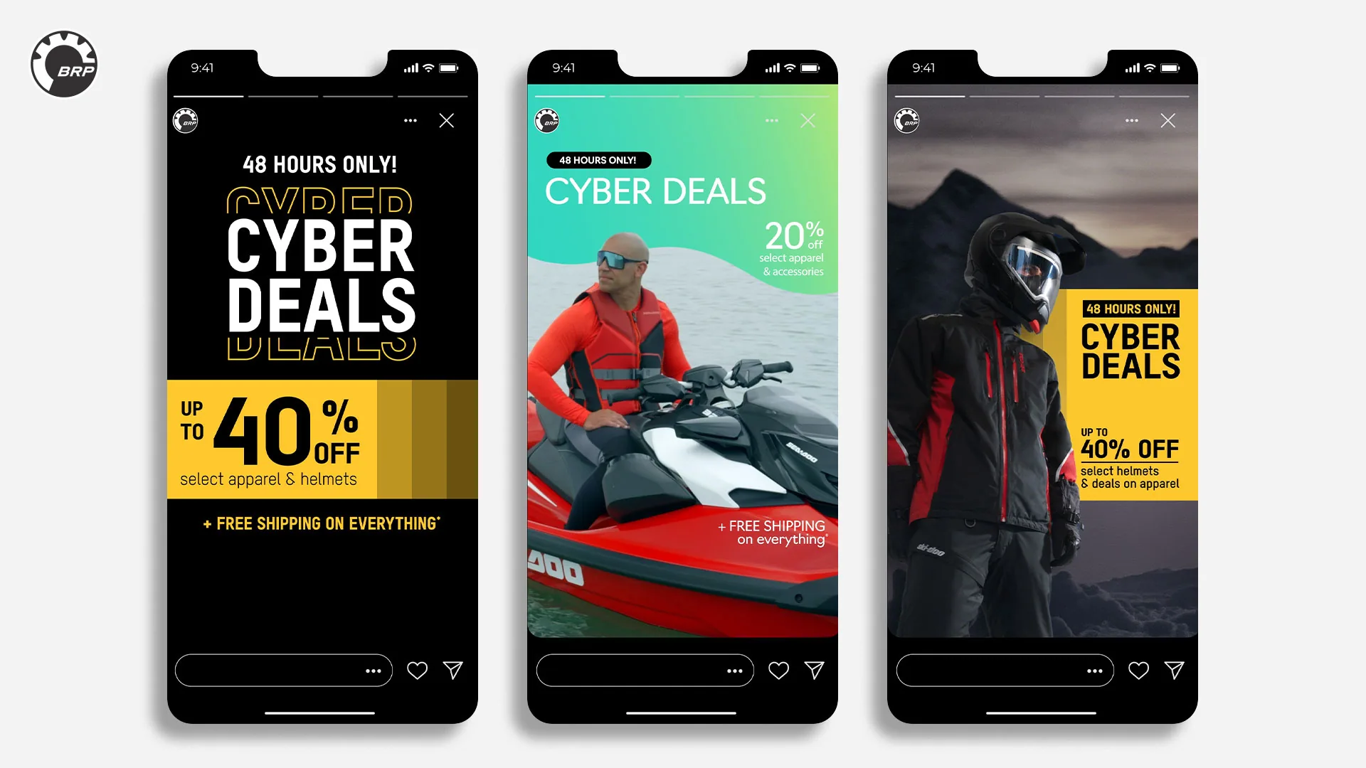 BRP Cyber Deals Instagram stories: up to 40% off helmets and apparel, with a Sea-Doo rider and a snowmobile rider