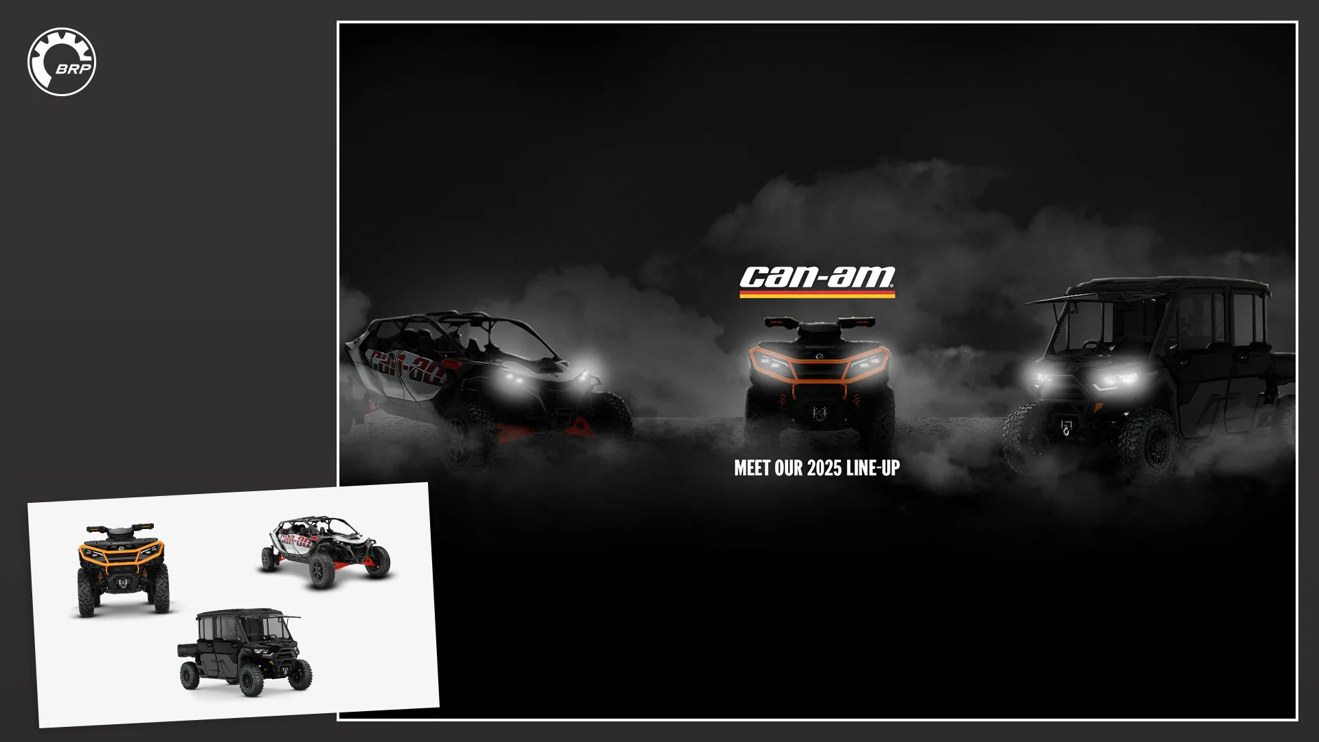 Can-Am YouTube banner: three 2025 off-road vehicles with their headlights on in the dark, “Meet our 2025 line-up”