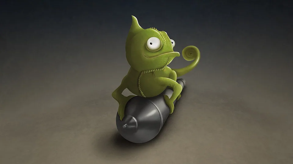 Digital painting of a cartoon chameleon perched on a grey bullet-shaped object
