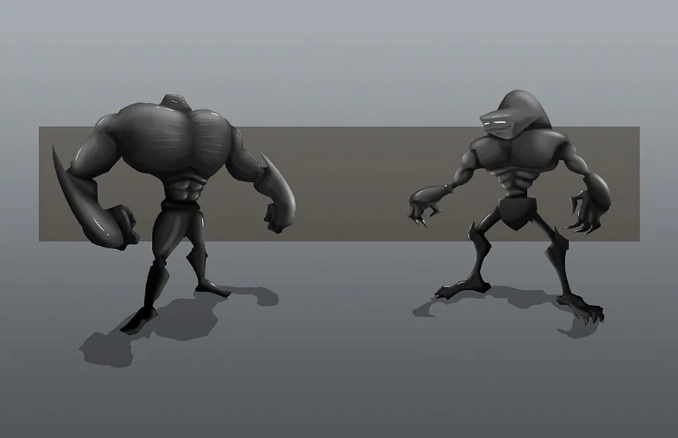 Two shaded creature designs: a hulking clawed brute and a lean, shark-headed creature