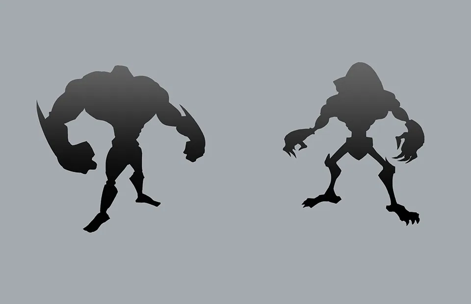 Black silhouettes of the two creatures, the starting point of the designs