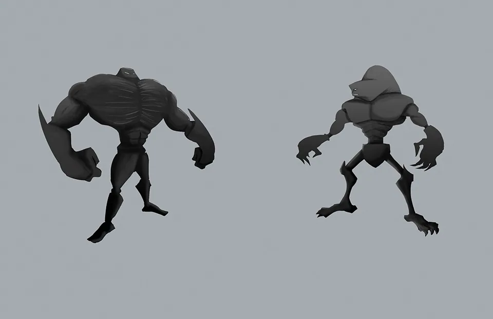 The two creatures blocked in with grey values