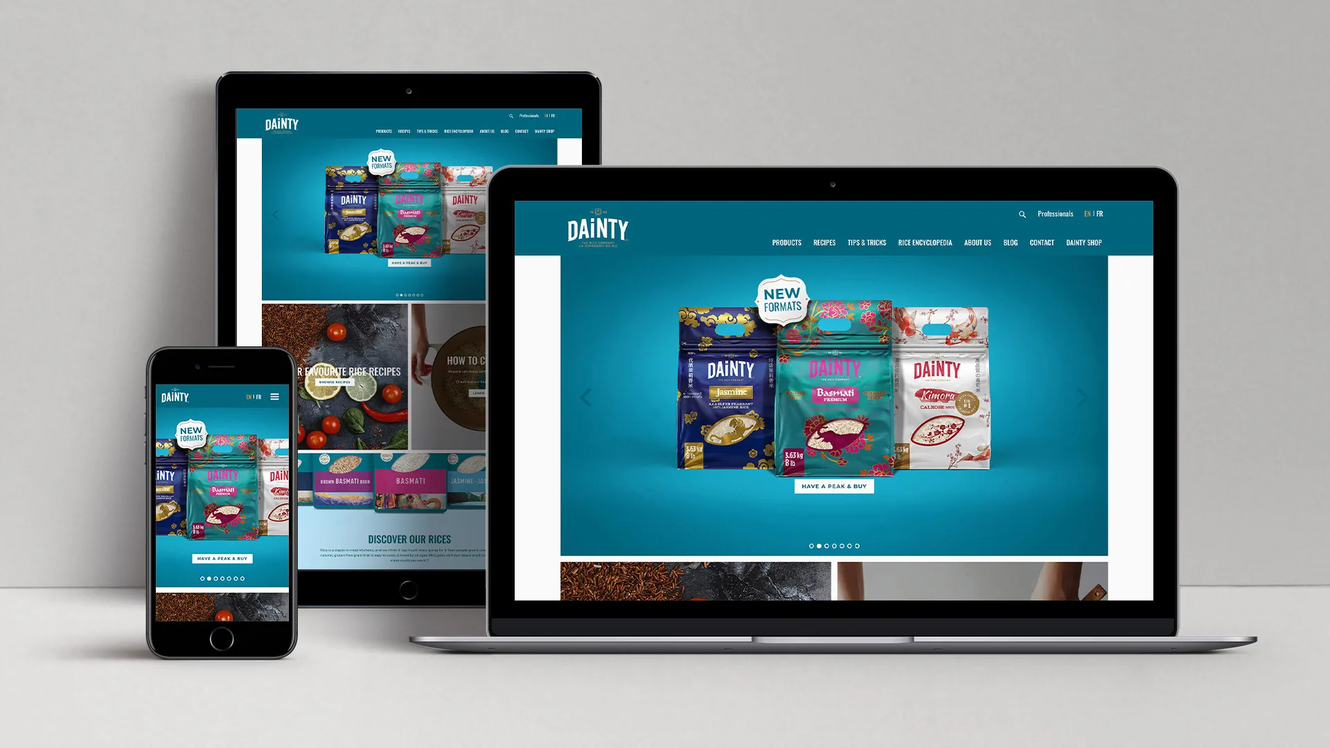 Dainty rice website on a laptop, tablet and phone, opening on the “New formats” product carousel