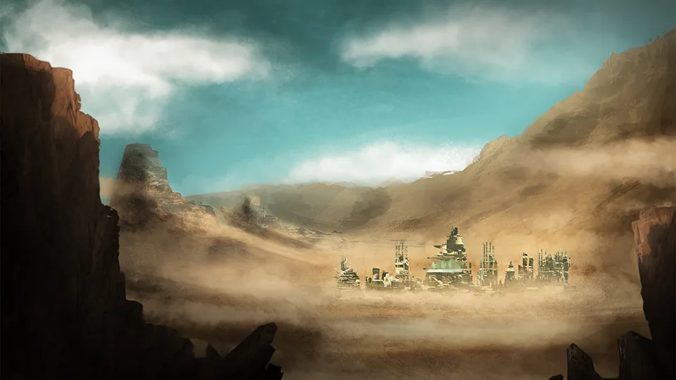 Concept painting of a settlement in a desert valley, half hidden by a sandstorm