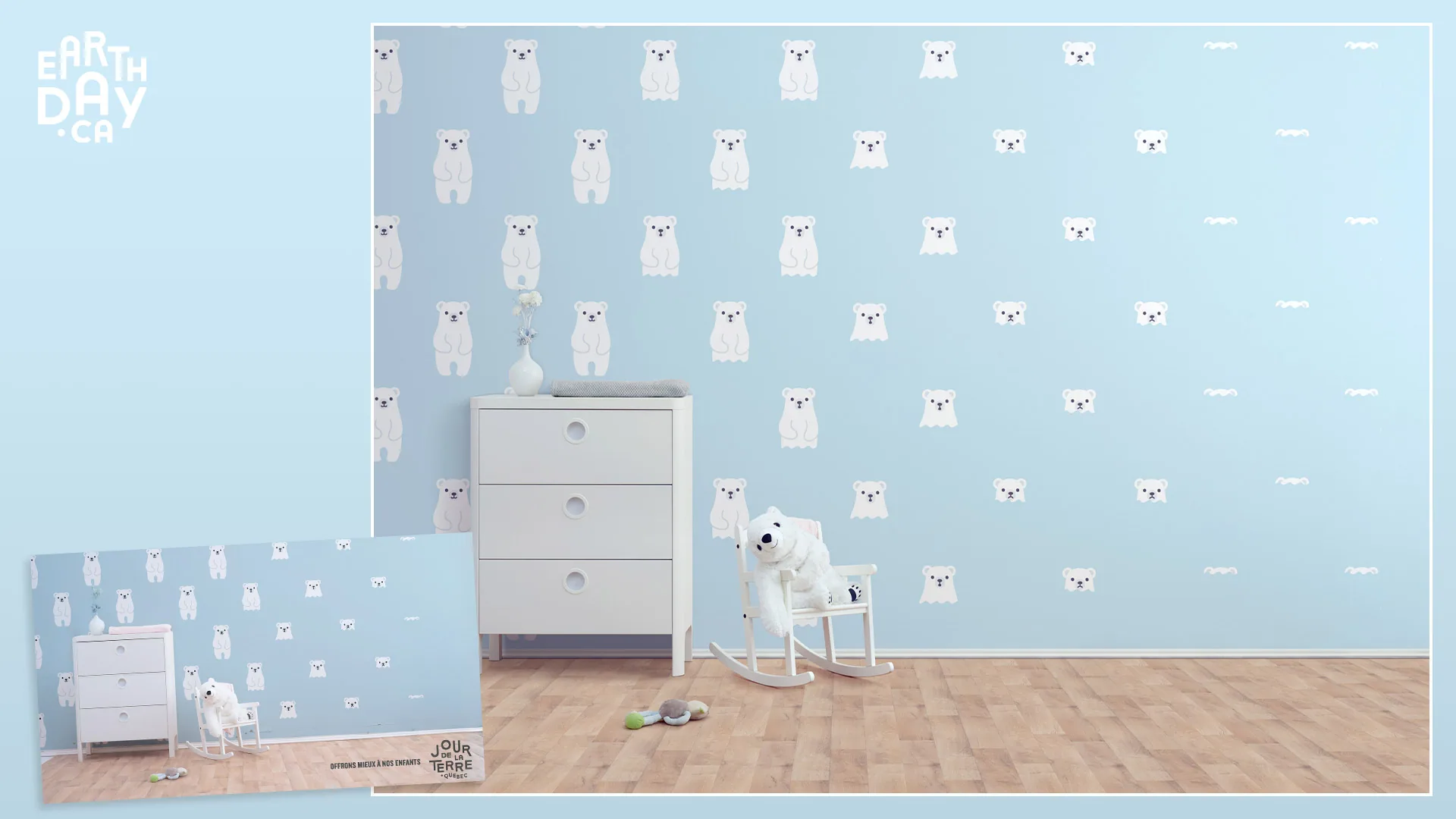 Earth Day visual: a child’s bedroom with polar bear wallpaper, a white dresser and a rocking polar bear