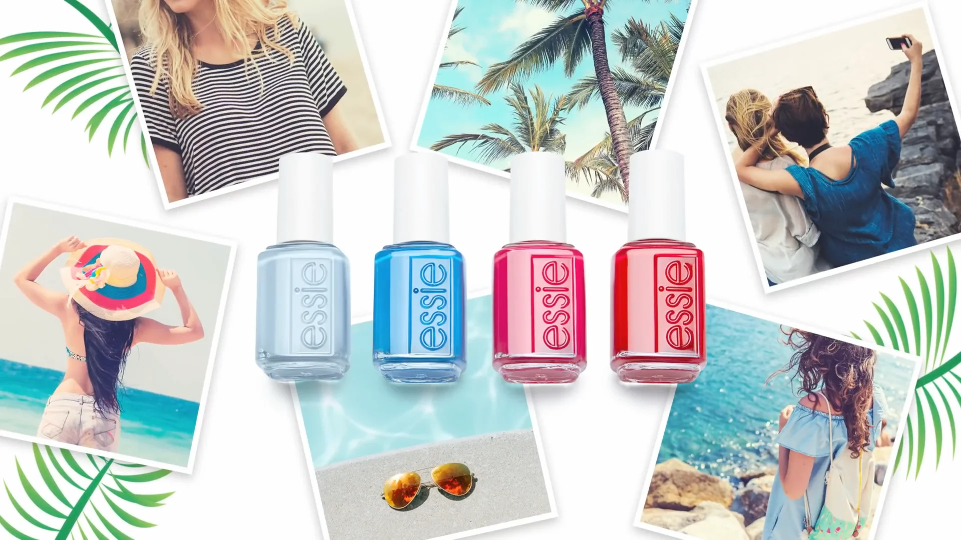 Four Essie nail polishes in blue and red shades, over summer holiday photos and palm leaves
