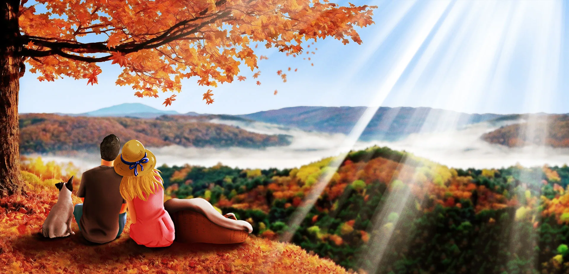 Illustration of a couple and their cat on an autumn hillside, with sunlight breaking over a misty valley