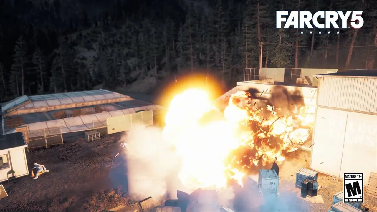 Far Cry 5 gameplay: an explosion tearing through a compound