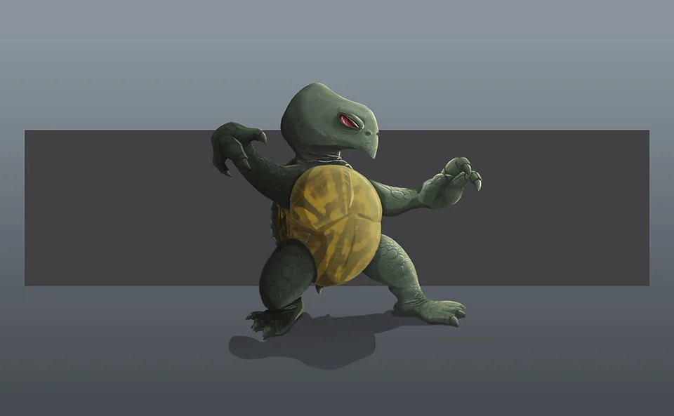 Final painted design of a young turtle character in a fighting stance