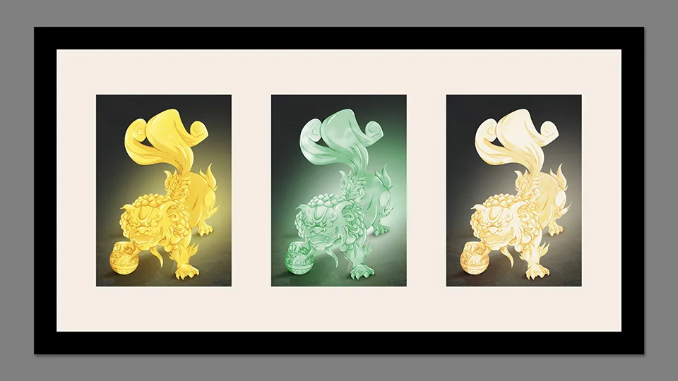 Three framed prints of a crystal guardian lion, in gold, jade green and pale gold
