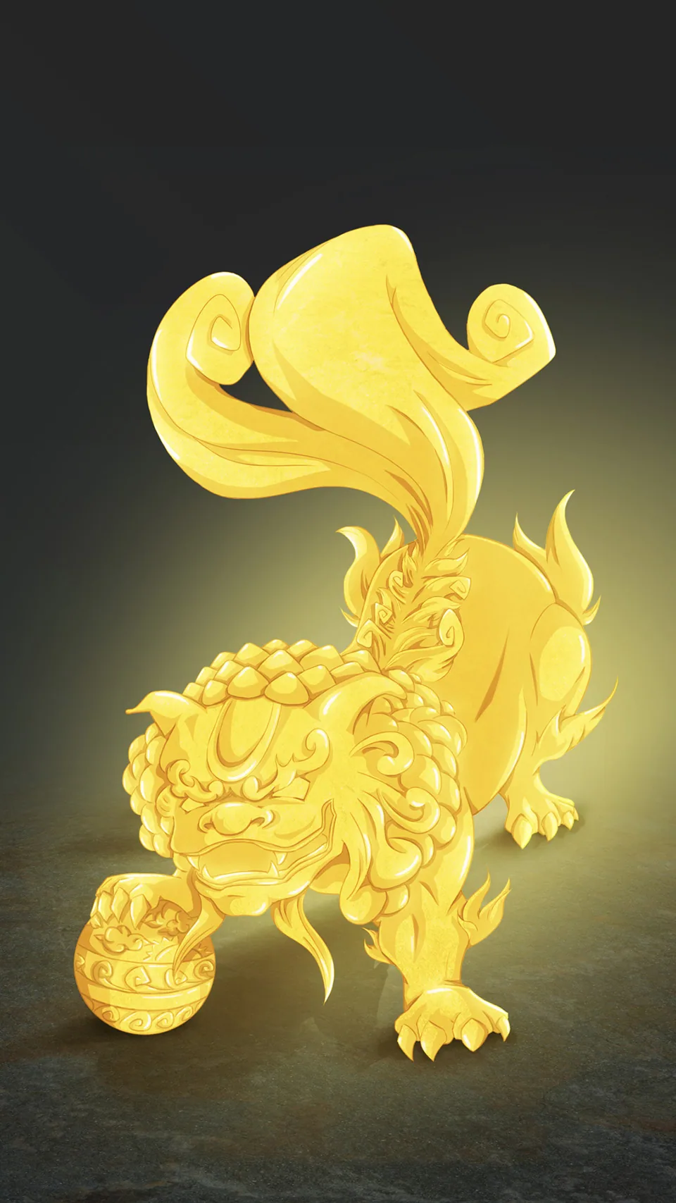 Gold crystal guardian lion with a ball under its paw