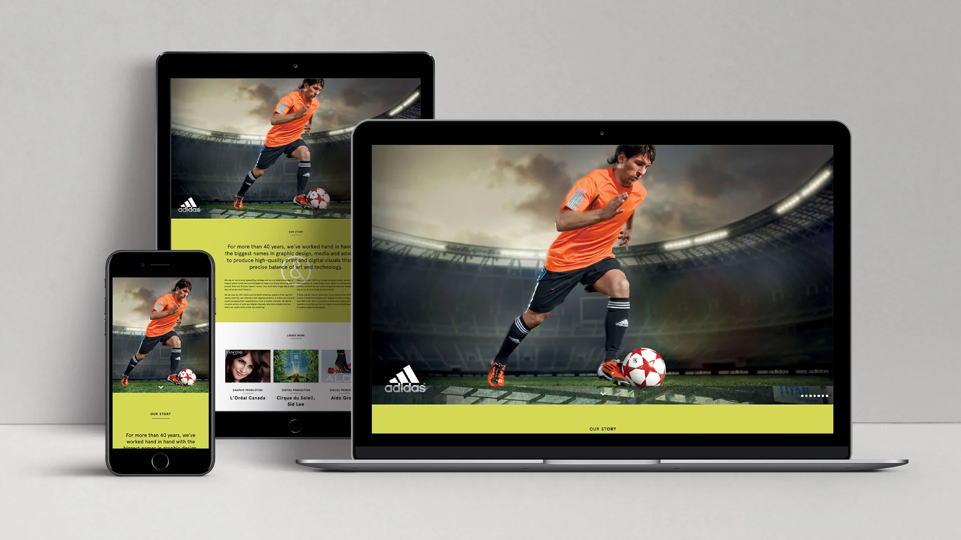 M&H Polystudios website on a laptop, tablet and phone, opening on an adidas soccer campaign
