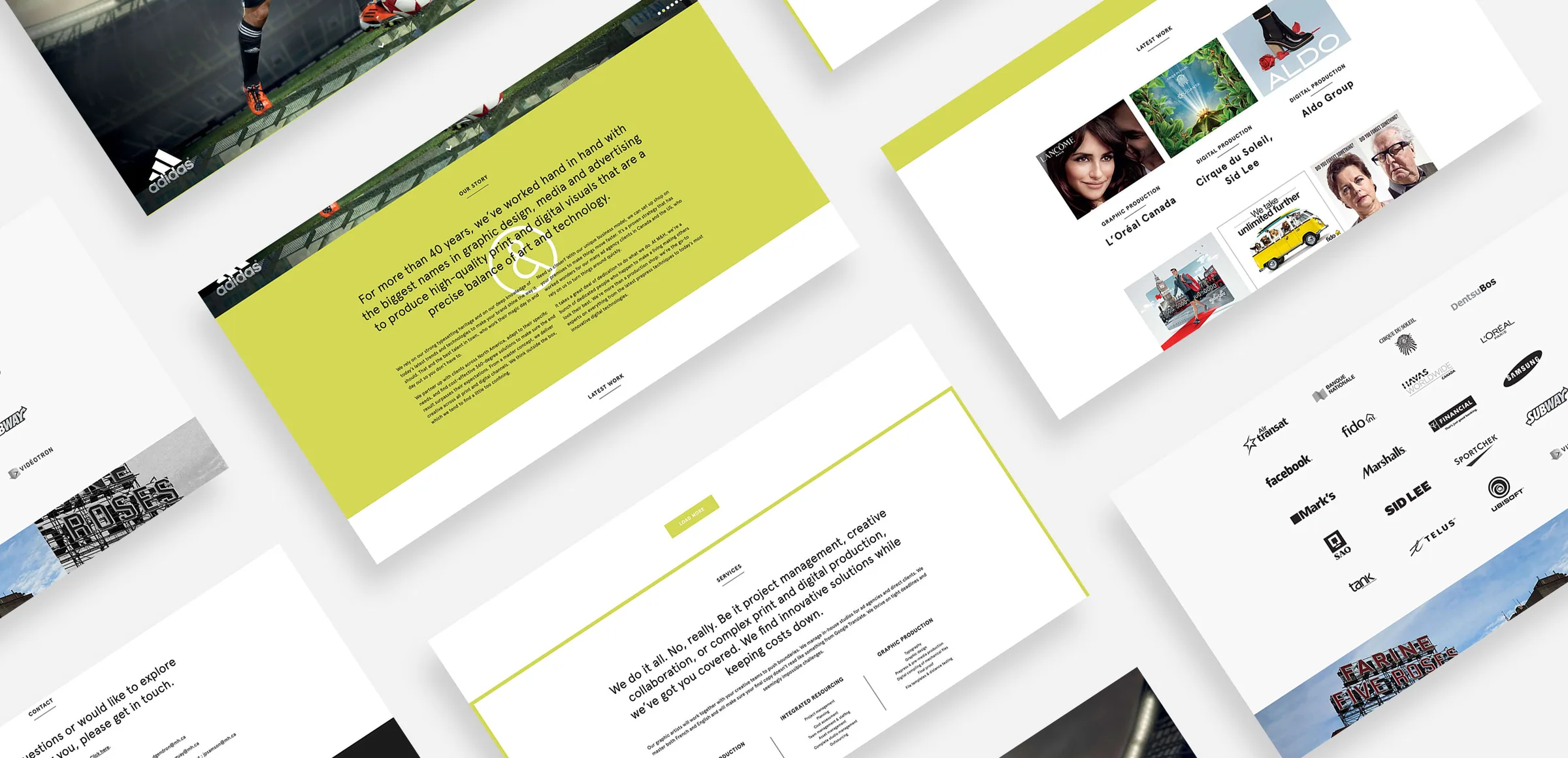 M&H website pages: the agency’s story, latest work, services and client logos