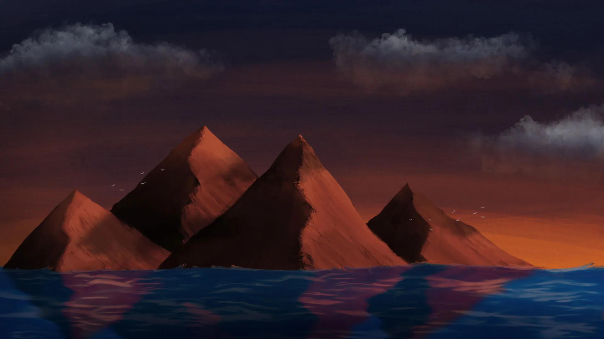 Painting of jagged red mountains at dusk, reflected in a dark sea