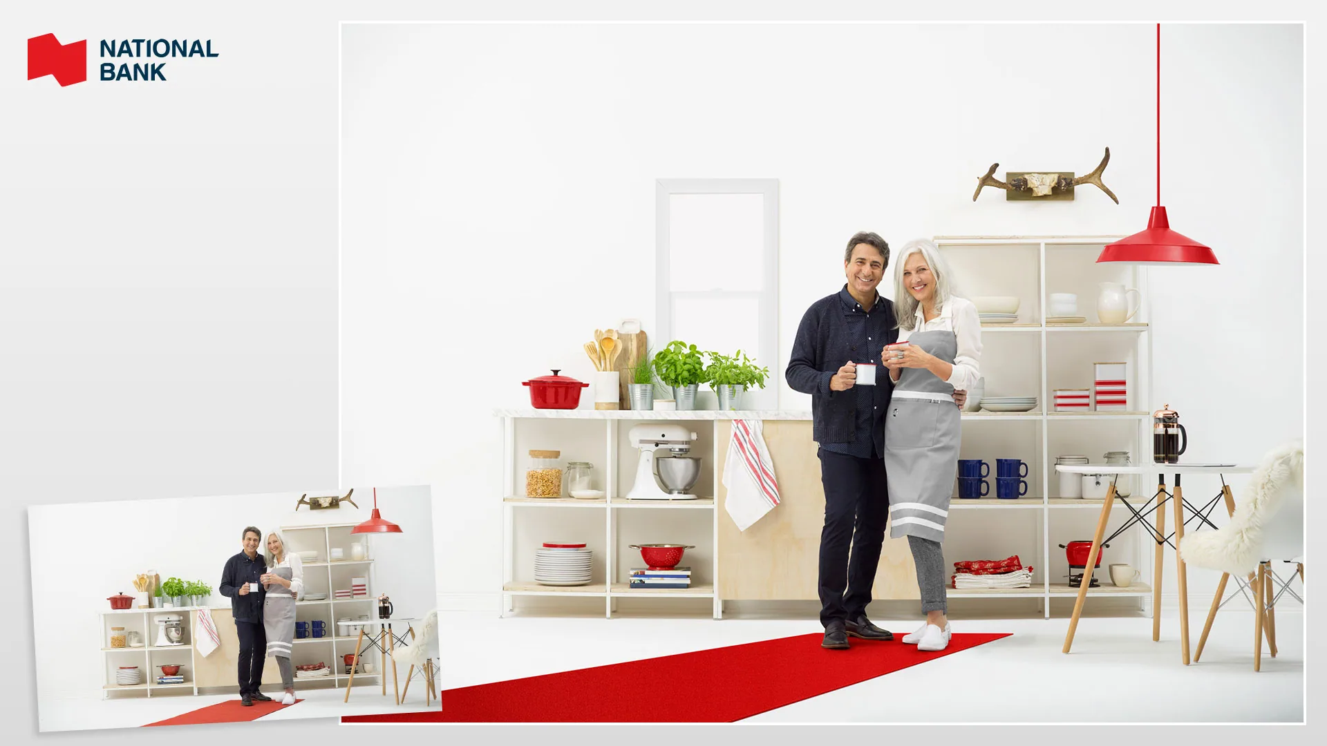 National Bank visual: a couple in a bright white kitchen, standing on a red carpet