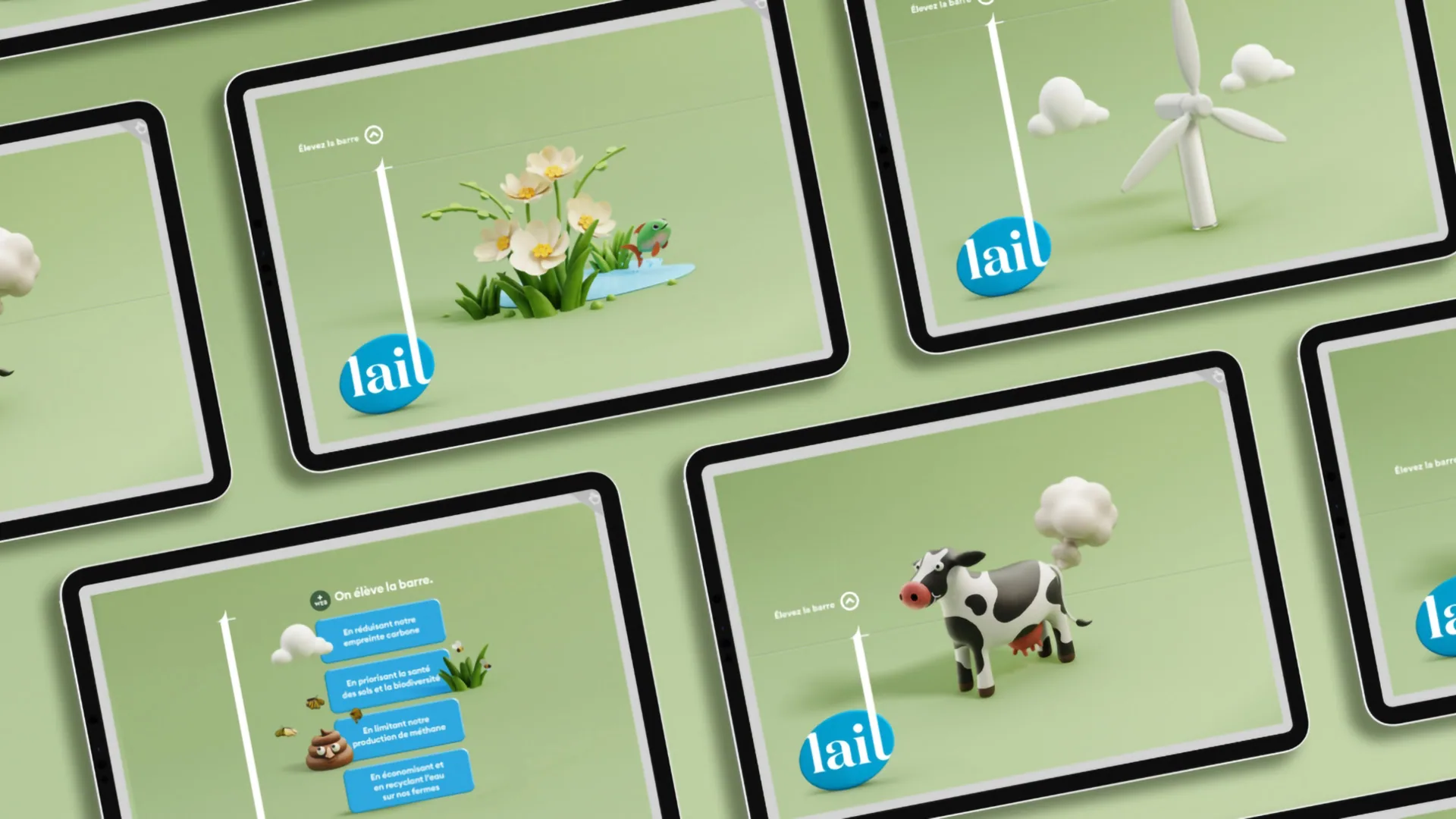 “On élève la barre” web banners on tablets: a clay cow, flowers and a wind turbine on green backgrounds, with the lait logo