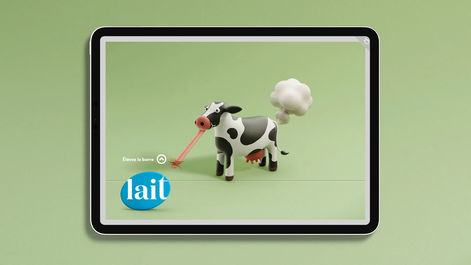 Animated web banner on a tablet: a clay cow on a green background, with the lait logo