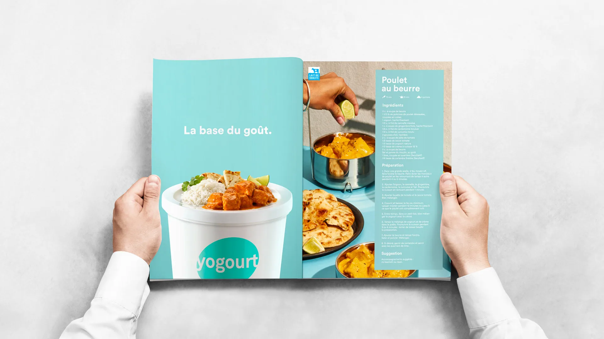 Hands holding a magazine open on a yogourt ad, “La base du goût”, next to a recipe page