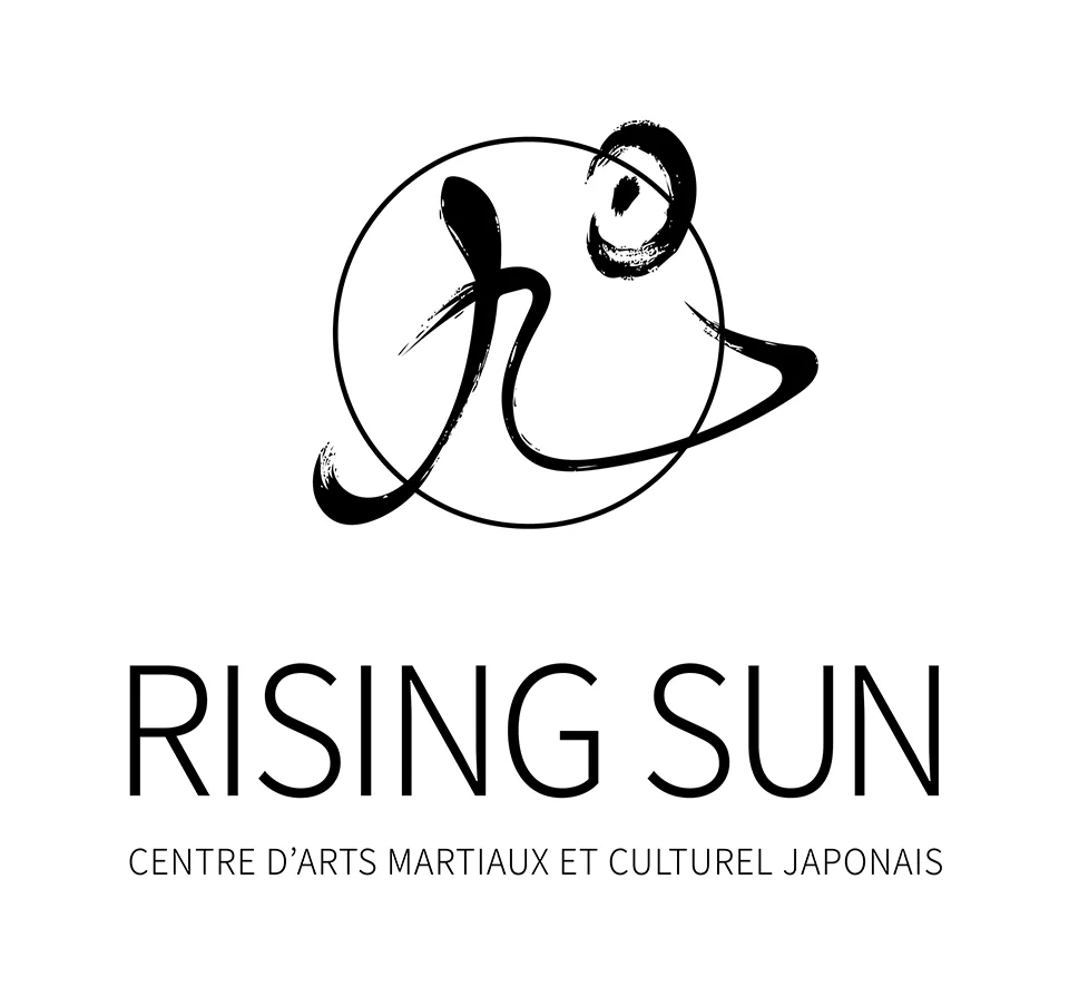 Rising Sun logo in black on white: a brush-stroke kanji in a circle, above “Centre d’arts martiaux et culturel japonais”