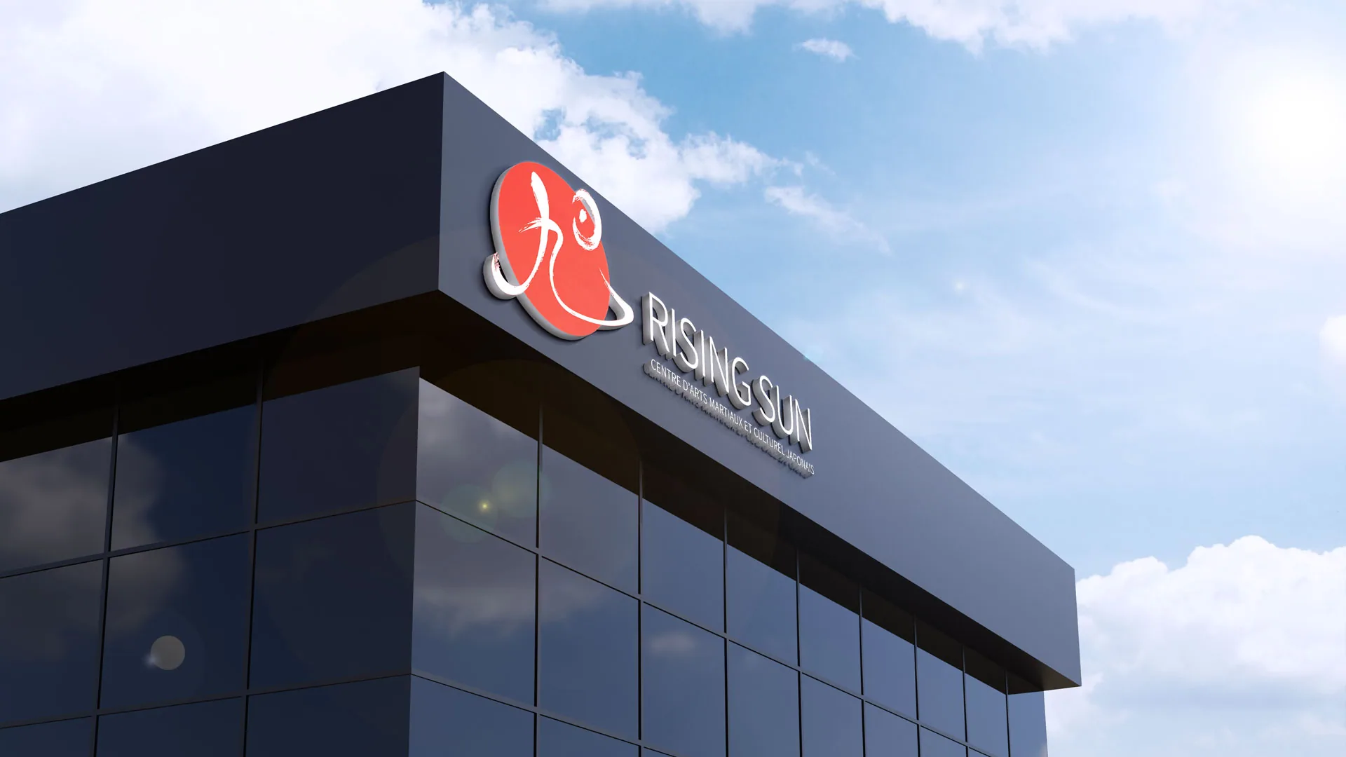 Rising Sun logo on the top of a modern building