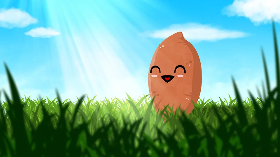 A smiling sweet potato character standing in sunlit grass