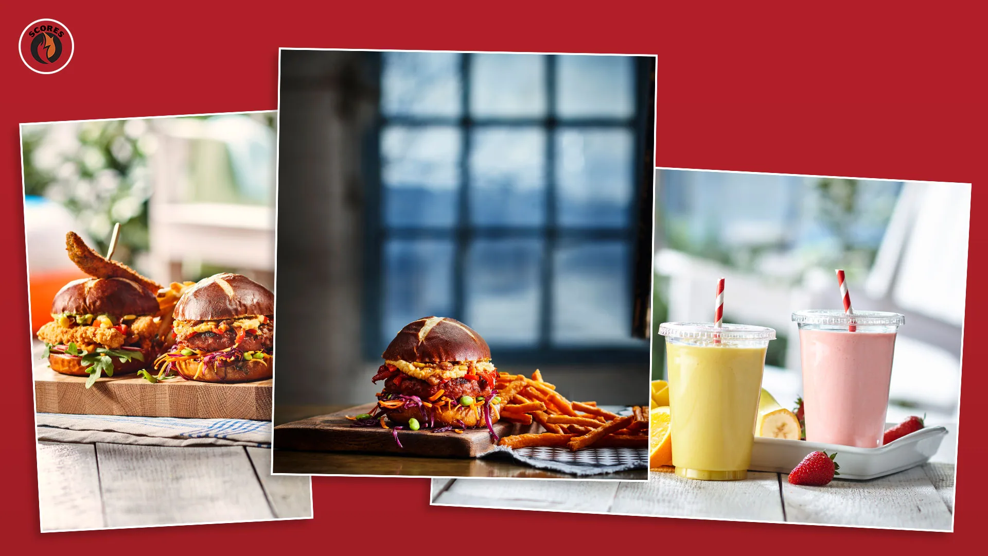 Three retouched Scores restaurant photos: burgers, a burger with fries, and smoothies