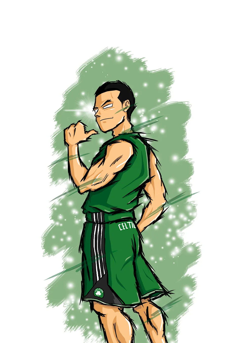 Self-portrait illustration in a Boston Celtics jersey, flexing an arm, on a green brushstroke background