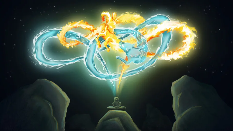 Painting of a figure meditating on a rock under swirling ribbons of water and fire, against a night sky