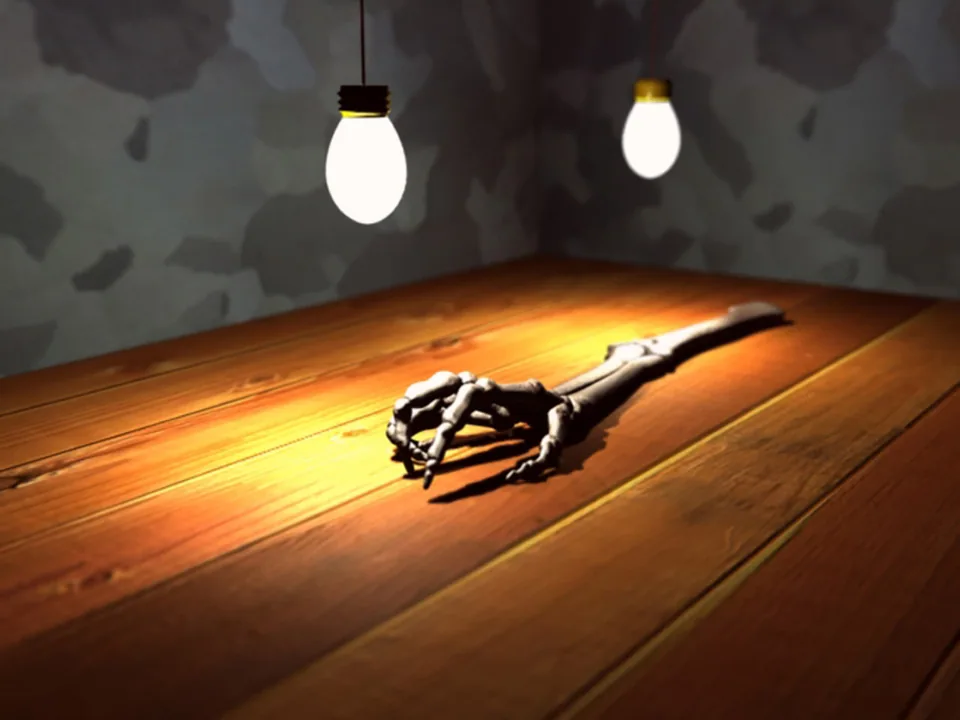 3D render of a skeleton arm lying on a wooden floor under two hanging light bulbs