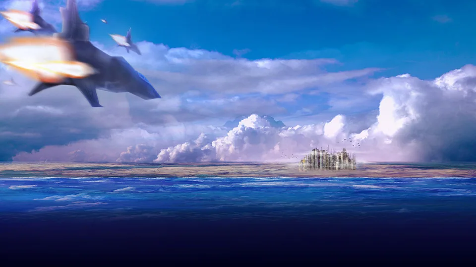 Aircraft streaking over a city on the sea, among towering clouds