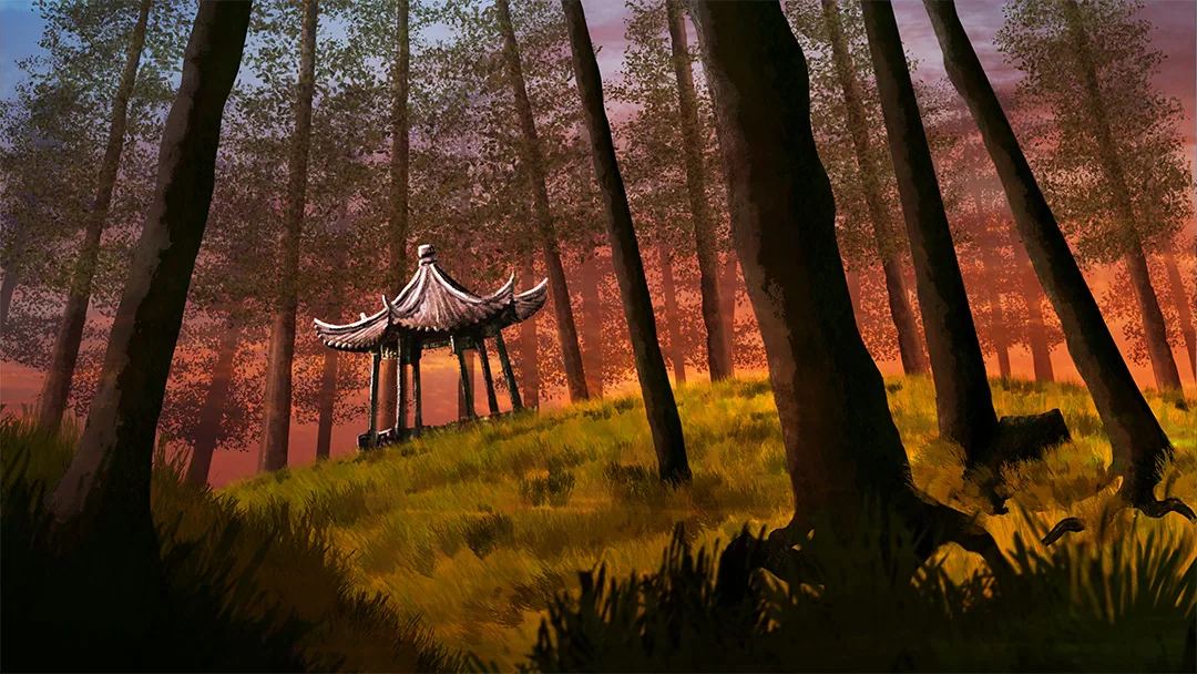 A pavilion teahouse on a grassy slope among tall trees, at sunset