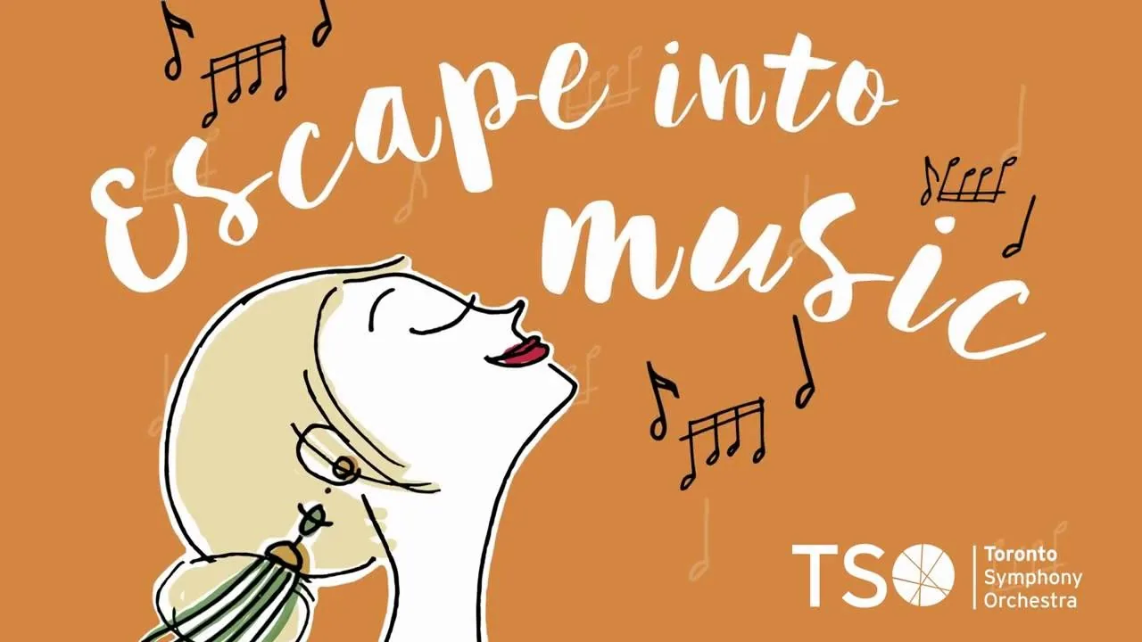 TSO “Escape into music” illustration: a woman with her eyes closed among musical notes, on orange