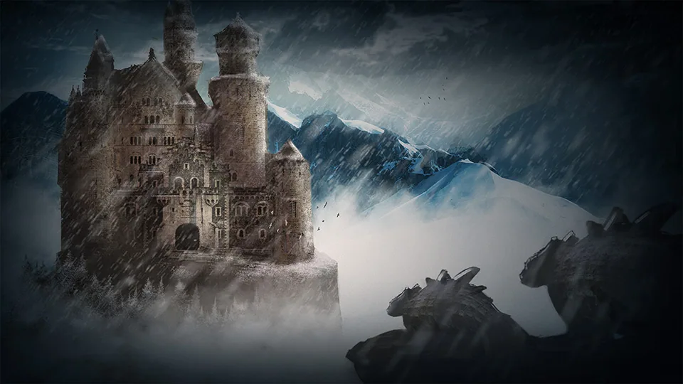 Concept painting of a stone castle on a snowy mountain in a blizzard, with creature-shaped rocks in the foreground